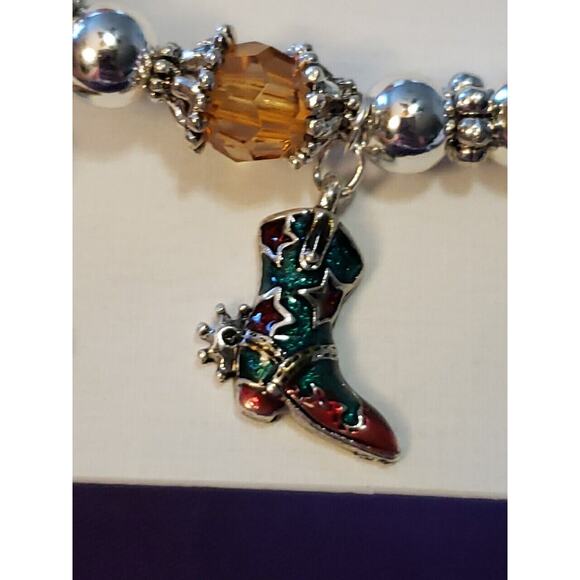 Colorful Western Boot Charm Stretch Bracelet, Yellow & Silver Tone Beads, New - Picture 5 of 8